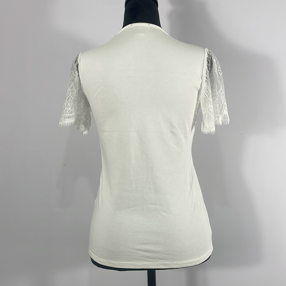 Tahari white T, V neck, with lace, sheer short sleeves, XS - Picture 4 of 12